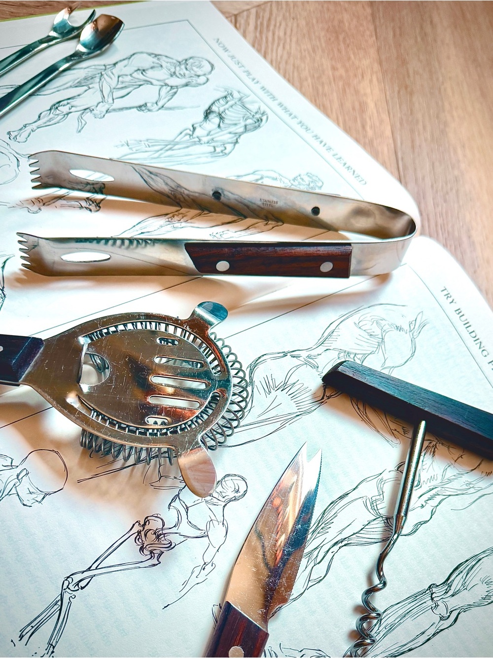 ♥️ 1960s Japanese Rosewood & Stainless Steel Cocktail Bar Tool Set 6 Pieces